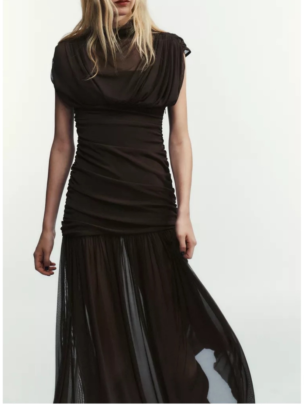 ZARA Sheer Mesh Ruched combined draped midi Dress – dark brown – NWT 3067/291